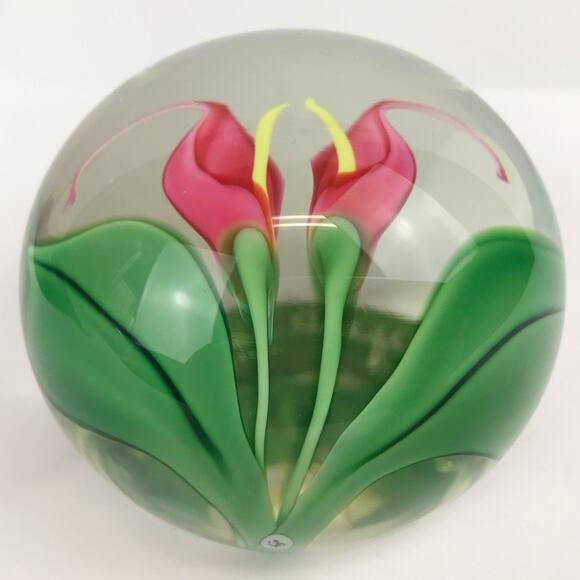 Orient & Flume Pink Callalily Flower Lampwork Paperweight Vintage Beyers Bag COA - Picture 8 of 15